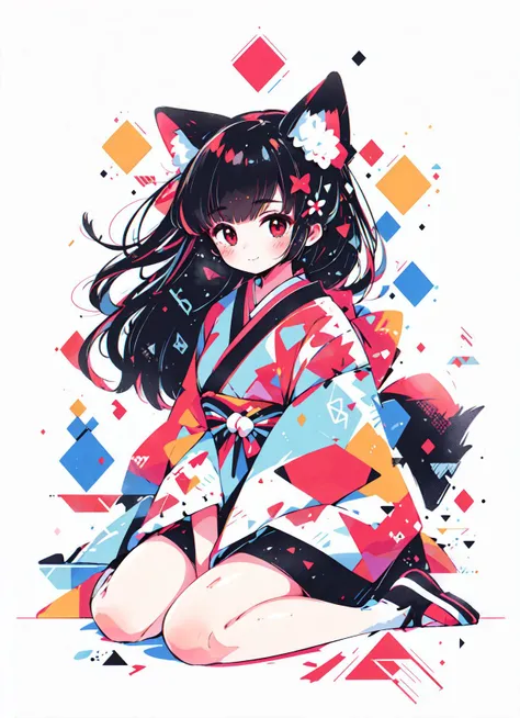 1girl, red eyes,
cute kimono, fox ears, fox tail,  (long hair:1.2), black hair, smile, (closed mouth:1.2), blush, shiny thigh, sitting, (lean forward), 
 <lora:geometric_shapes:1>