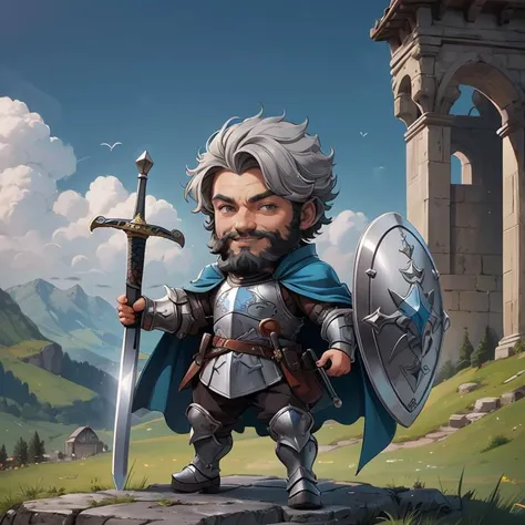 Cowboy Shot,(best quality),original,portrait,midday,(male:1.1) knight,sword and shield,armor,(old),smile,bule cape,short grey hair,beard,(holy),medieval fantasy,muscular,scenery,<lora:GoodHands-vanilla:1>,<lora:Designer_BlindBox:0.5>,chibi,