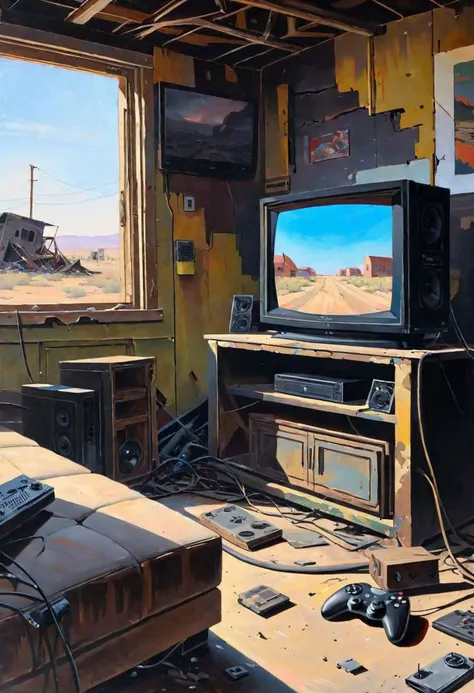 painting of a living room with a television and a couch