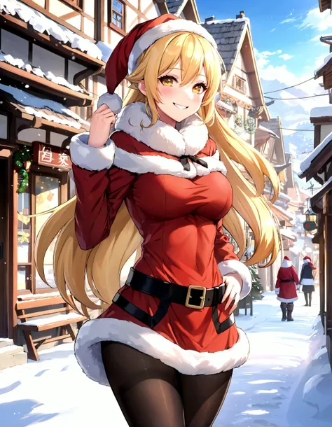 anime, masterpiece, best quality, 1girl, shiny skin, curvy, blonde hair, yellow eyes, blush, grin, red santa costume, fur-trim, black pantyhose, boots, snow, outdoors, town, winter, sunlight, visible breath