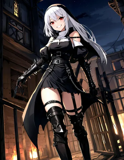 anime, masterpiece, best quality, 1girl, nun, hip vent, leather, buckles, thigh strap, harness, puffed sleeves, red eyes, glaring, grin, knee boots, condemned building, shin guards, fingerless gloves, dress, spikes, night, dark,