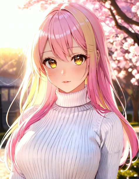 anime, masterpiece, best quality, portrait, 1girl, shiny skin, cinematic lighting, bloom, ambient occlusion, rtx, medium breasts, looking at viewer, vivid color, long pink hair, blonde streaks in hair, yellow eyes, solo, toned, backlighting, outdoors, blus...