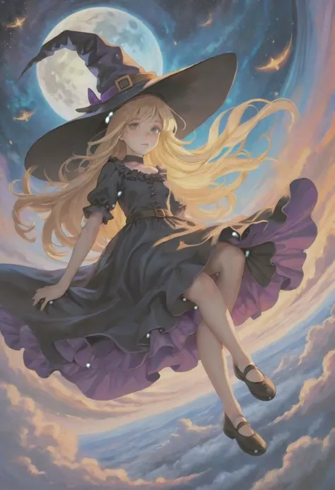 (best quality):2 (masterpiece):2 (normal quality):2 realistic hires, A psychedelic world spreads out below, Witch girl floating in the sky Wearing a witch hat Frilled fantasy costume Blonde straight hair