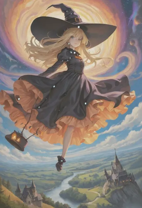 (best quality):2 (masterpiece):2 (normal quality):2 realistic hires, A psychedelic world spreads out below, Witch girl floating in the sky Wearing a witch hat Frilled fantasy costume Blonde straight hair