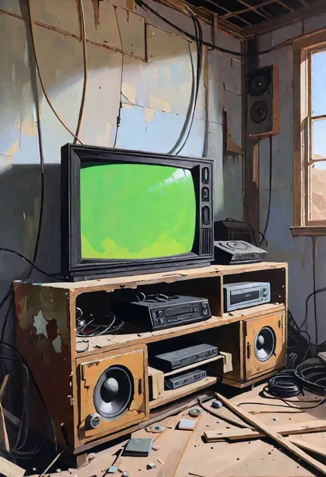 there is a television sitting on a wooden stand in a room