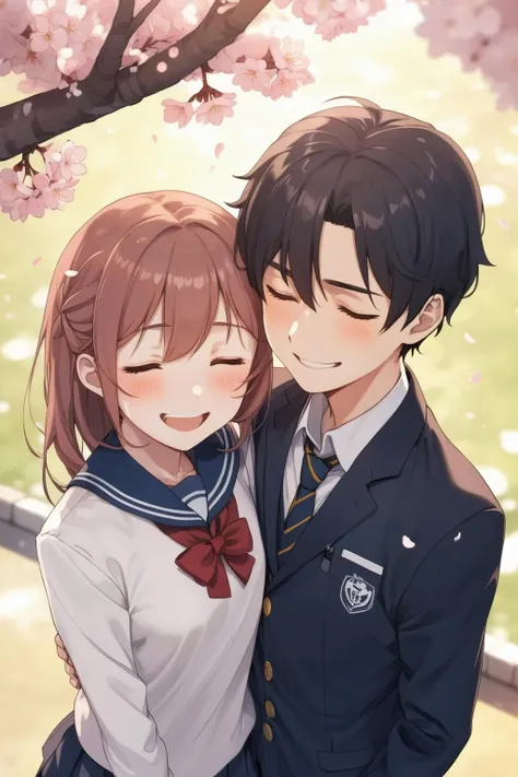 anime couple in uniform hugging under cherry tree with pink flowers