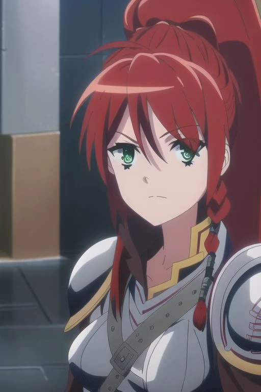 masterpiece, best quality, 1girl, solo, red hair,armor, green eyes, ponytail, Thigh boots, sword, long hair