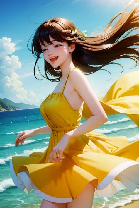 a woman in a yellow dress is walking on the beach