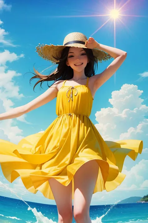 a woman in a yellow dress and hat walking on the beach