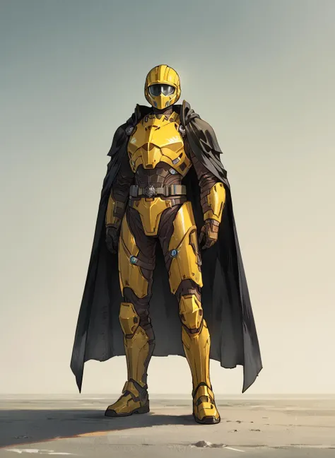 solo, black armor, yellow accents, full helmet, faceless, futuristic, black cape, armored, head turned up, full body shot, <lora:HellDivers2_SDXL:0.99>, score_9, score_8_up, score_7_up, score_6_up, score_5_up, score_4_up,