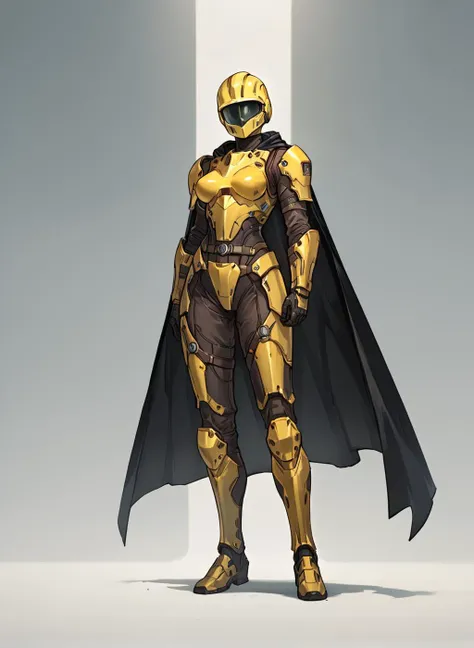 1girl, breasts, solo, black armor, yellow accents, full helmet, faceless, futuristic, black cape, armored, head turned up, full body shot, <lora:HellDivers2_SDXL:0.99>, score_9, score_8_up, score_7_up, score_6_up, score_5_up, score_4_up,