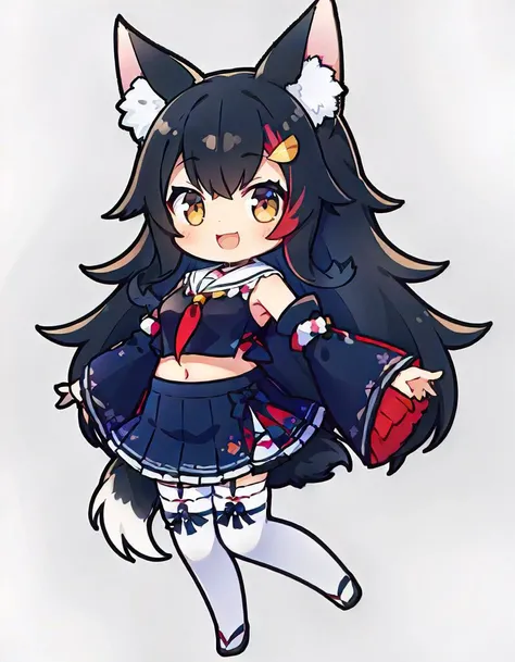 1girl, solo, full body, simple background, miodefault, long hair, hair ornament, sailor collar, black shirt, black skirt, detached sleeves, midriff, kouhaku nawa, (white thighhighs:1.2), wolf tail, red neckerchief<lora:ookami_mio_6_outfits:1>