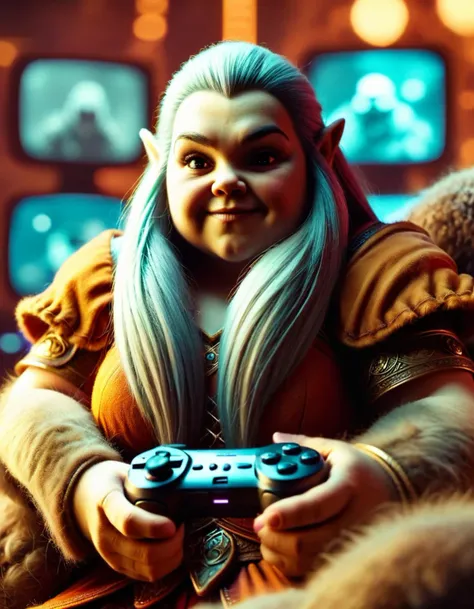 from the digital era, this image based on grindhouse featuring a thick (female dwarf:1.3) , the dwarf is playing video games, ba...