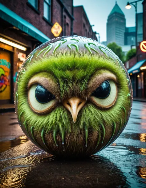 a close up of a green owl statue on a wet street