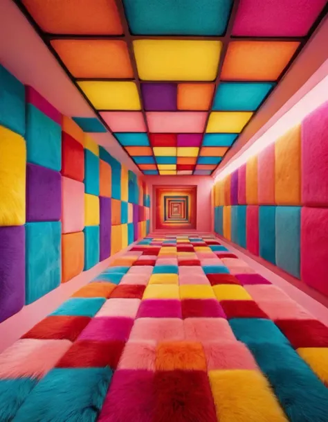 vibrant art by wes anderson and modern disney, man, op art, exploration of color perception, interactive and dynamic installatio...