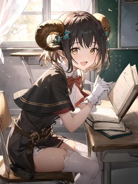 anime girl sitting at a desk with a book and a pen