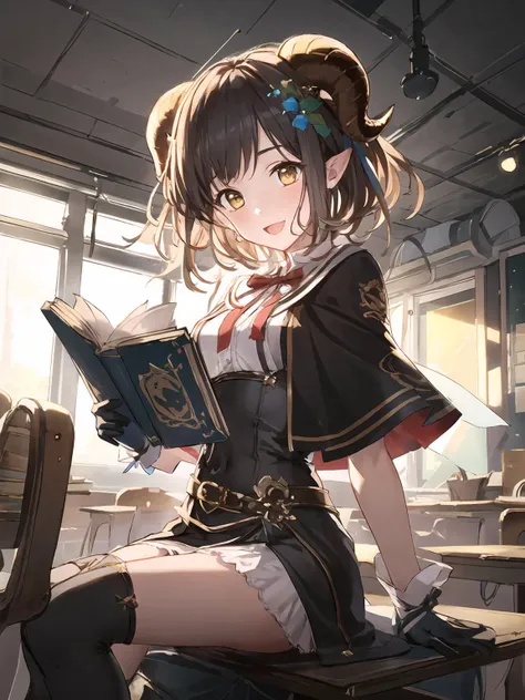 anime girl reading a book in a classroom