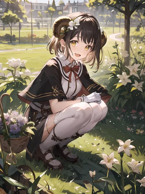 anime girl kneeling in the grass with a basket of flowers