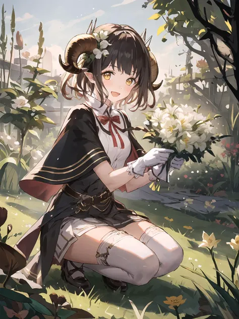 anime girl kneeling in the grass with flowers in her hand