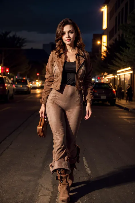 masterpiece, best quality, (photorealistic:1.4), cowboy shot, orchard, fruit-laden trees, bountiful harvest, rural, a photo of a beautiful woman, wearing(Suede_jacket:1.5), (Wide-leg_pants:1.4), (Ankle_boots:1.3), (City_night_lights_background:1.3), day, s...