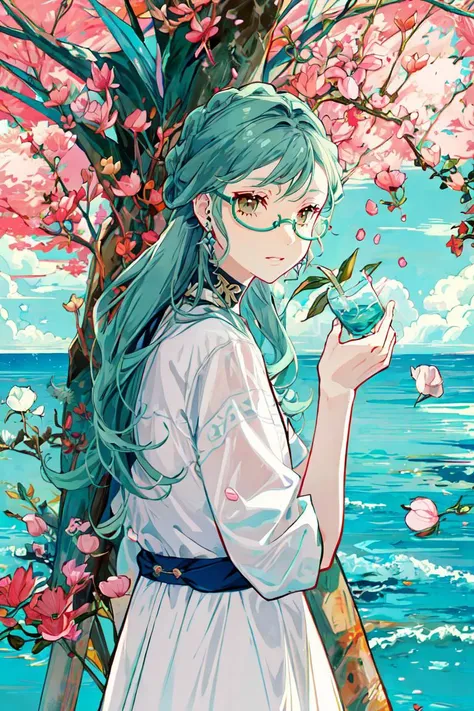 a woman with long blue hair and glasses holding a flower