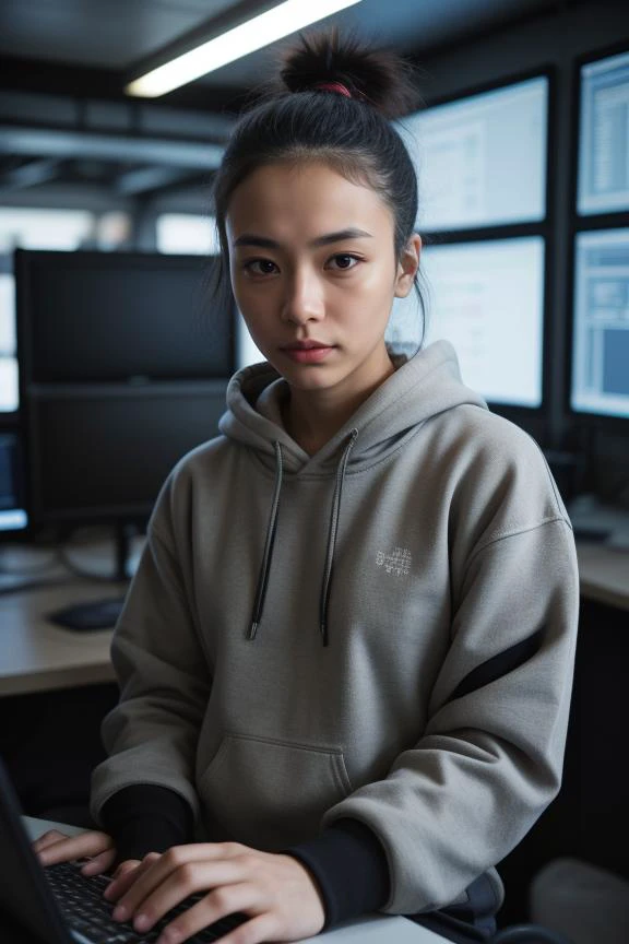 there is a woman sitting at a desk with a laptop