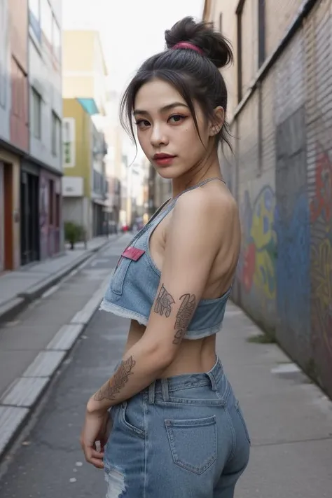 8. Female street artist (ethnicity: Mixed race, age: early 20s) in an urban alley (setting: graffiti-covered, vibrant). Shes in casual, edgy attire (fabric: denim, layered) with her hair in a messy bun, and bold, artistic makeup. Shes painting a large mura...