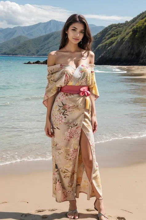 a woman standing on a beach in a floral dress