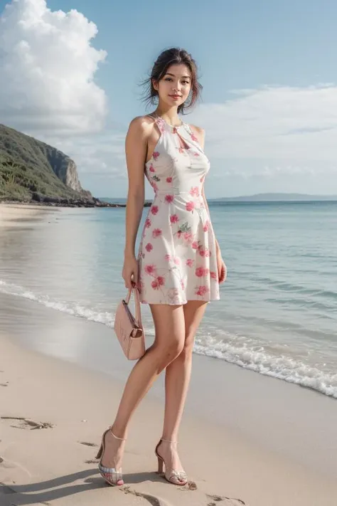 a woman standing on a beach next to the ocean