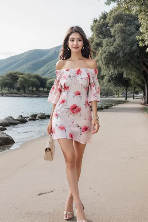 a woman in a floral dress walking along a path near the water