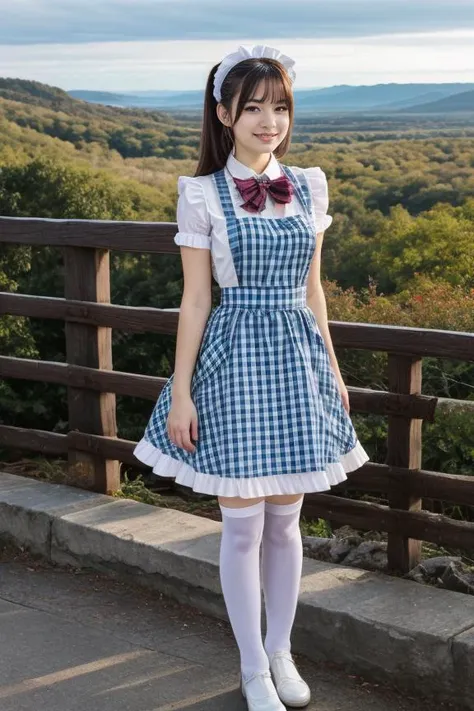 a close up of a woman in a dress and bow tie standing on a bridge