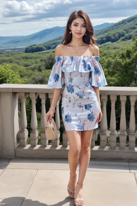 a woman standing on a balcony with a blue and white dress