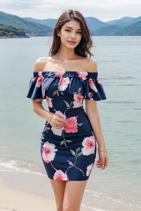 a woman in a floral dress standing on the beach