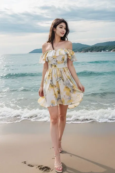 a woman standing on a beach next to the ocean