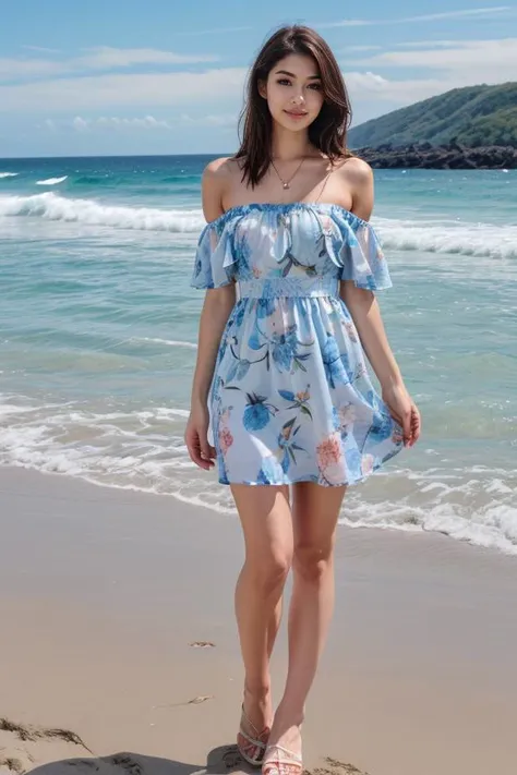 a woman standing on the beach in a blue dress