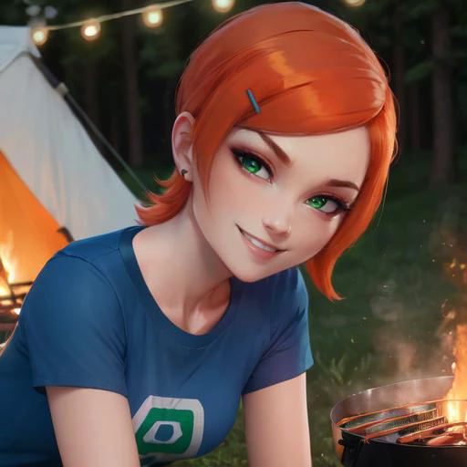 a woman with red hair is cooking food in front of a campfire