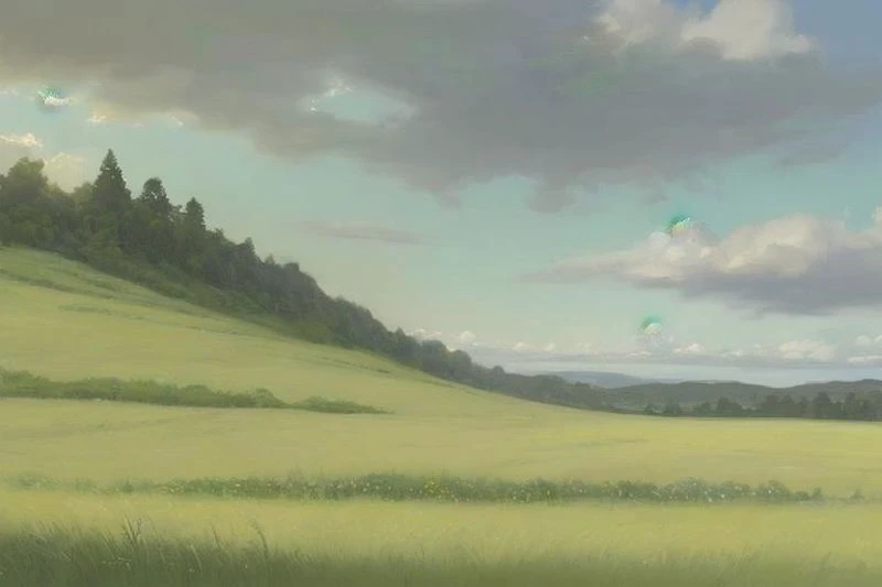 there is a painting of a field with a few kites flying in the sky