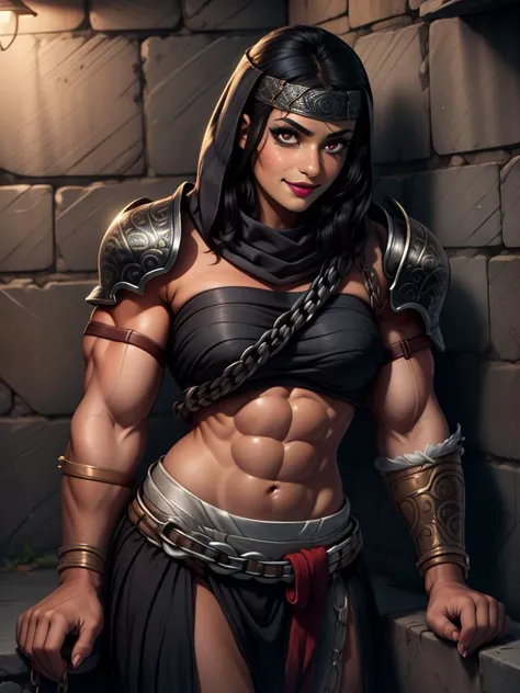 RAW photo, (high detailed skin, detailed eyes:1.1), intricate details, best quality, 8k uhd, soft lighting, Nepheli, black hair, (black cowl:1.1), dark skin, metal headband, brown eyes, dark make-up, barefoot, NepAttire, shoulder armor, strapless, midriff,...