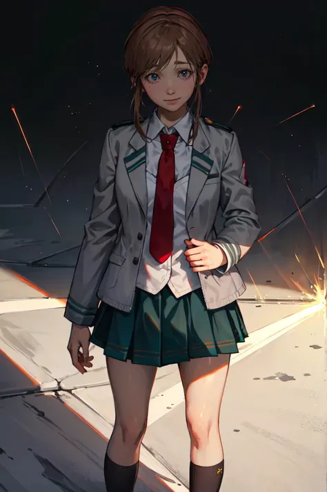 solo, smile, <lora:Sherry:0.9> Sherry Birkin,  light particles,   <lora:attire_uauniforms:1> u.a. school uniform, grey jacket, red necktie, green skirt,, ultra detailed, masterpiece, best quality, aesthetic, detailed,