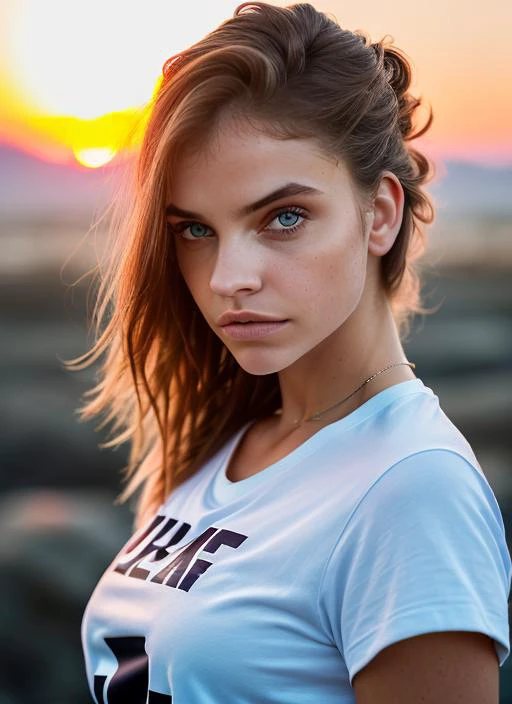 portrait of skswoman, thoughtful , wearing t-shirt , with Choppy layers , background sunset epic (photo, studio lighting, hard light, sony a7, 50 mm, matte skin, pores, colors, hyperdetailed, hyperrealistic), <lyco:Barbara PalvinV2:1.1>