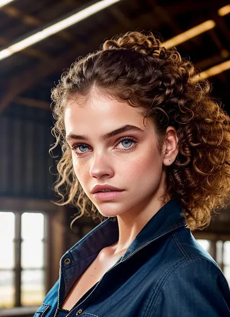 portrait of skswoman, confused , wearing workwear , with Curly hair , background barn epic (photo, studio lighting, hard light, sony a7, 50 mm, matte skin, pores, colors, hyperdetailed, hyperrealistic), <lyco:Barbara PalvinV2:1.1>