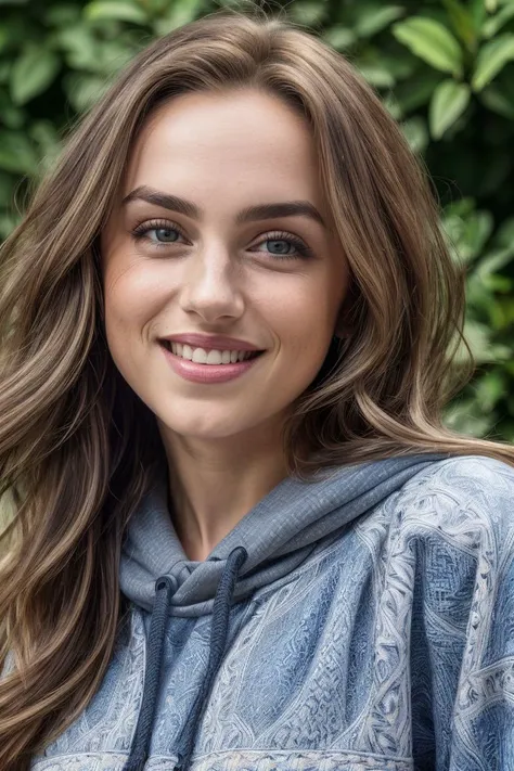 headshot of S245_AnastasiiaPaderina,a gorgeous woman,in a (garden:1.1),wearing a (patterned-sweatshirt:1.1),(smiling),(4k, RAW photo, best quality, depth of field, ultra high res:1.1),(absurdres, intricate, photorealistic, masterpiece, ultra-detailed:1.2),