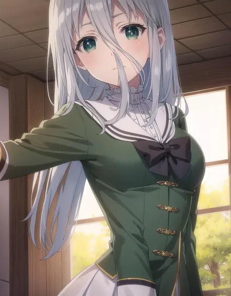 gekkosenko, <lora:sk gekko senko s1-lora-nochekaiser:1>,
senko, long hair, hair between eyes, (green eyes:1.3), grey hair,
BREAK bow, school uniform, serafuku, long sleeves, puffy sleeves, grey serafuku,
BREAK indoors, classroom,
BREAK looking at viewer, (...