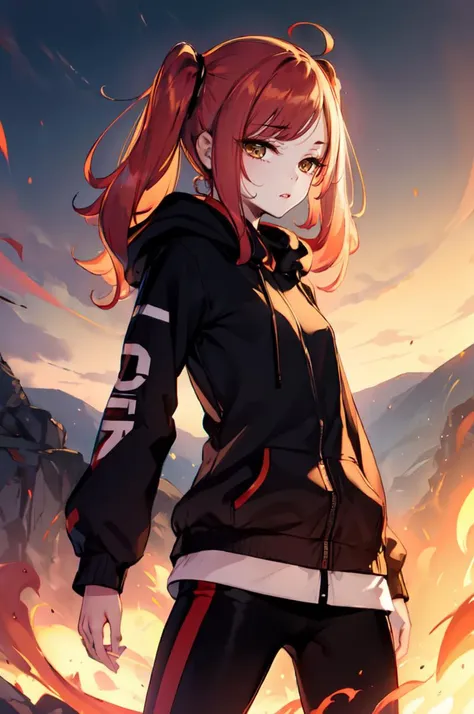 a girl in a black jacket and red hair standing in front of a mountain