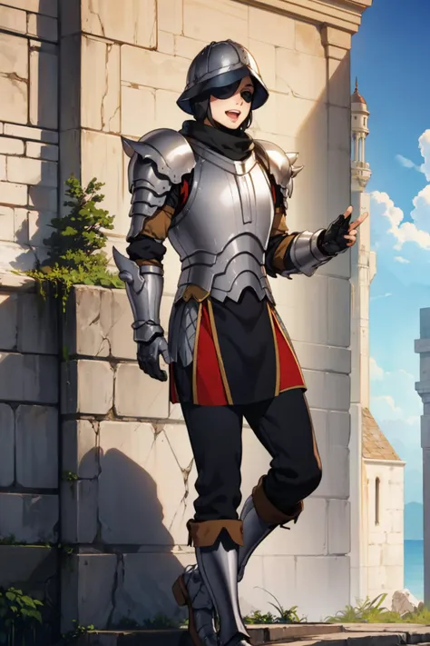 a woman in armor standing in front of a stone building