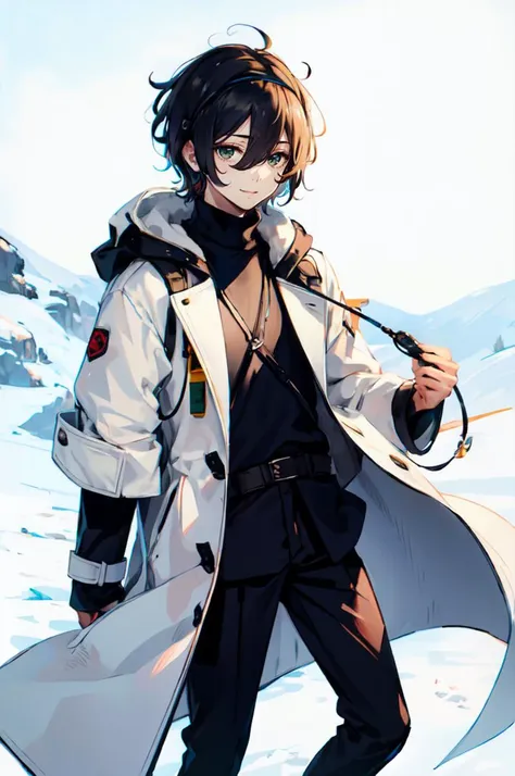 anime character in a white coat and black pants standing in the snow