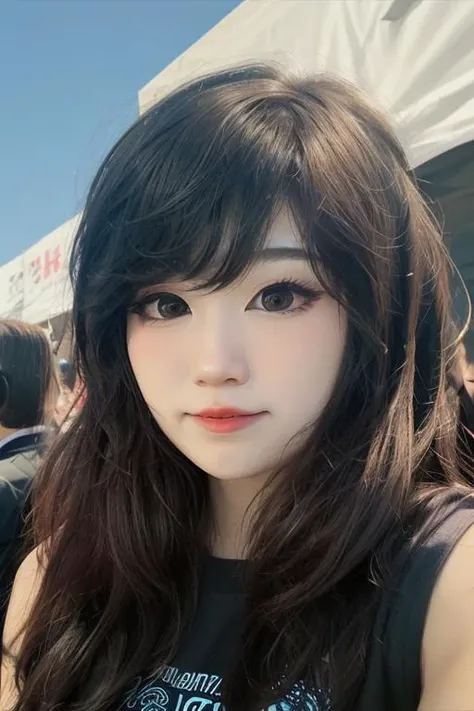 a close up of a woman with long hair and a black shirt