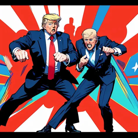 <lora:D.Trump_v1:0.5>,Donald Trump, (masterpiece, best quality,jojo),(2man),(fighting with Joe Biden),ToonShading,bold outlines,(manga influence:1.3),clean linework,striking visuals,comic art style,highest detailed