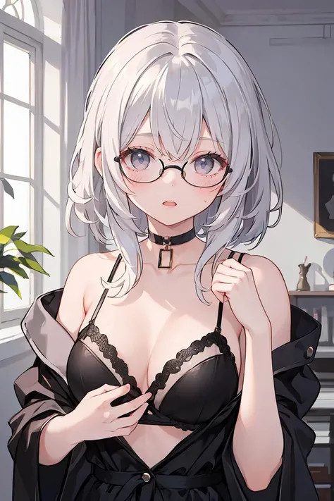 (masterpiece, best quality), 1girl, messy hair, choker, black silk pajamas, see-through, glasses,