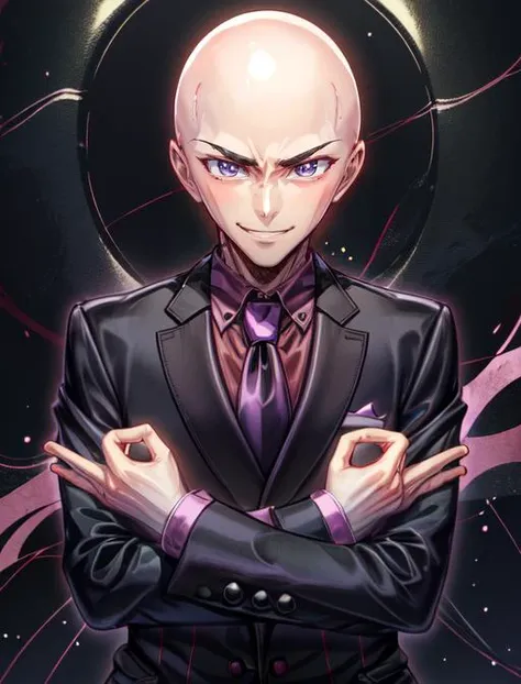 anime character with a bald head and purple tie and a black suit